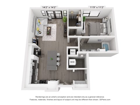 Floor plan for 1 bed, 1 bath, 843 sqft